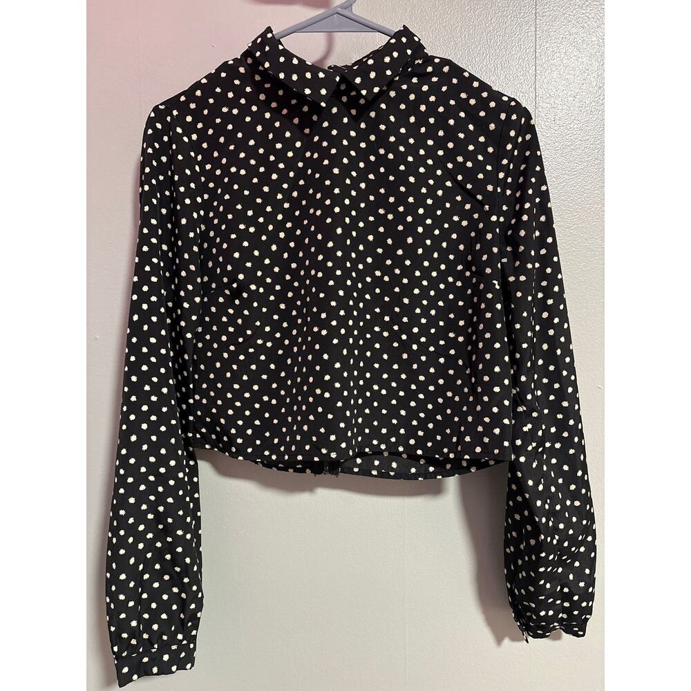 Coincidence & Chance Black Polka Dot Cropped Blouse Small Long Sleeve Top